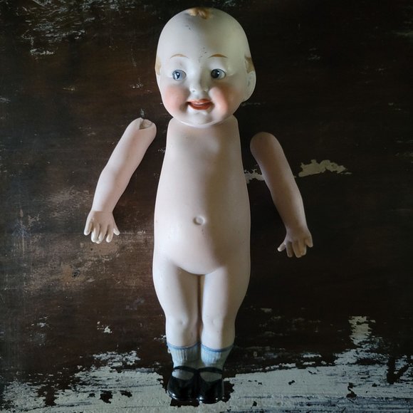 Antique German Bisque "Wide Awake" Doll w/ Side Glance Eyes & Jointed Arms 8"
